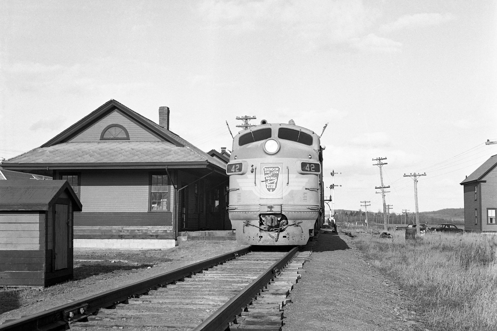 Bangor & Aroostook F3A #42 at the station in Mapleton, Maine on October 19, 1954. Bangor & Aroostook F3A #42 at the station in Mapleton, Maine on October 19, 1954.