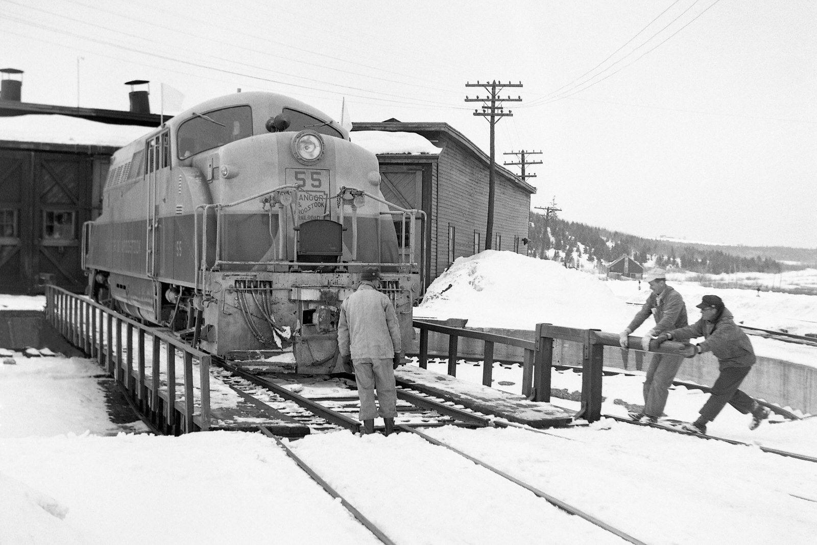 Bangor & Aroostook BL2 #55 being turned on the Armstrong Turntable at Van Buren, Maine on March 15, 1955. Bangor & Aroostook BL2 #55 being turned on the Armstrong Turntable at Van Buren, Maine on March 15, 1955.