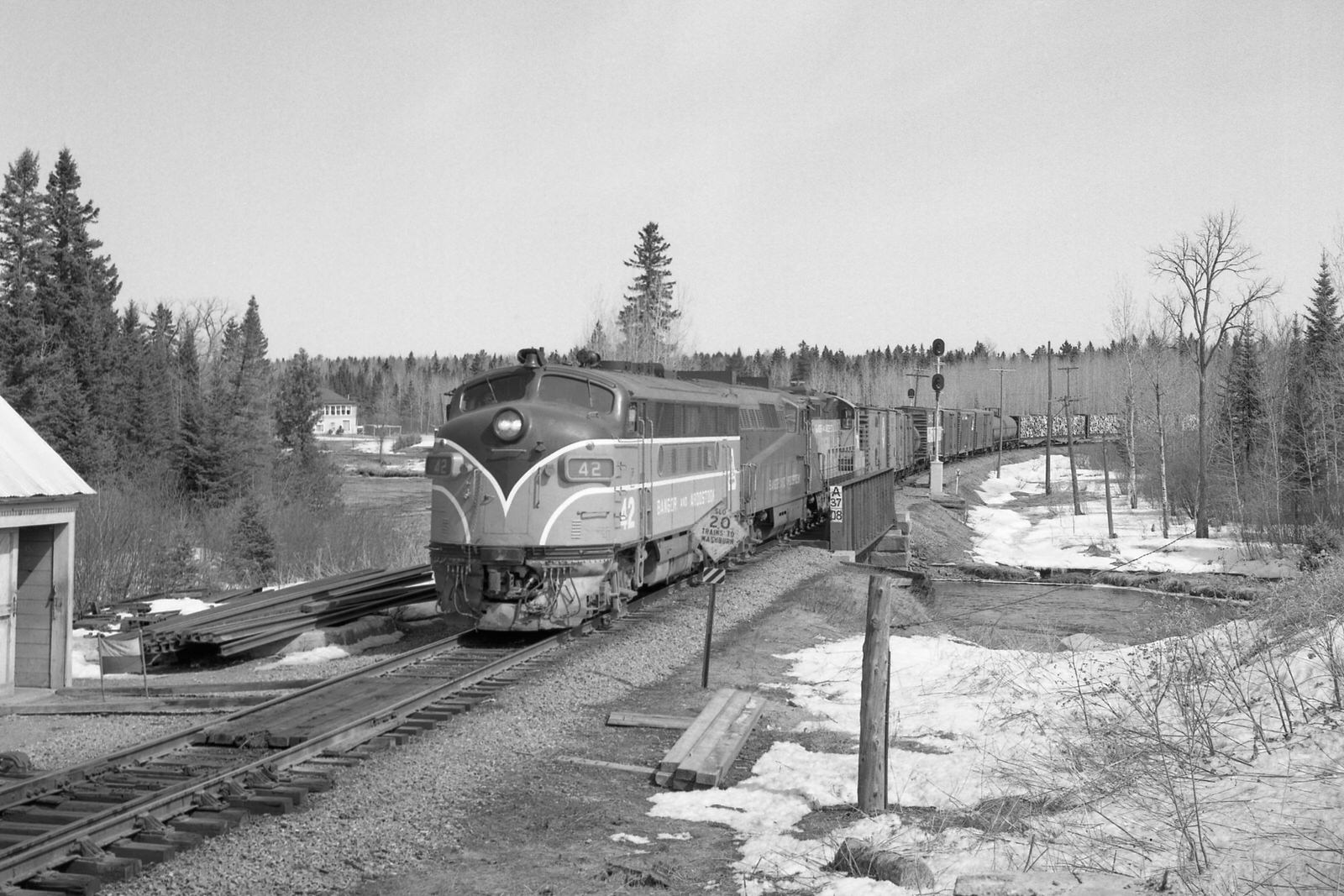 Bangor & Aroostook F3 #42 leads train #58 at Squa Pan, Maine during April 1975. Bangor & Aroostook F3 #42 leads train #58 at Squa Pan, Maine during April 1975.