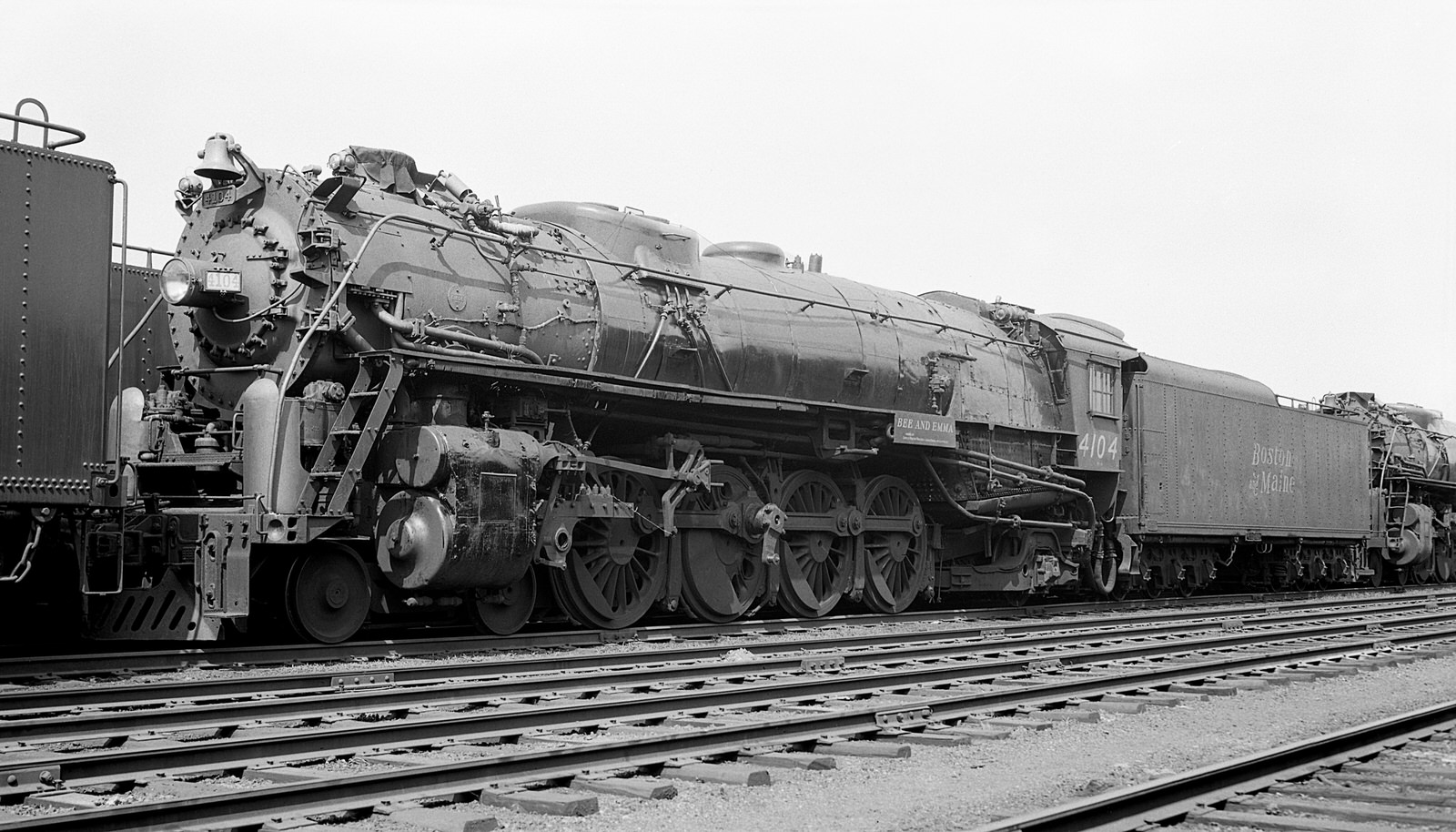 B&M 4-8-2 "BEE & EMMA" #4104 in deadline at Boston, MA on 7/5/1947. (8x14) B&M 4-8-2 "BEE & EMMA" #4104 in deadline at Boston, MA on 7/5/1947. (8x14)