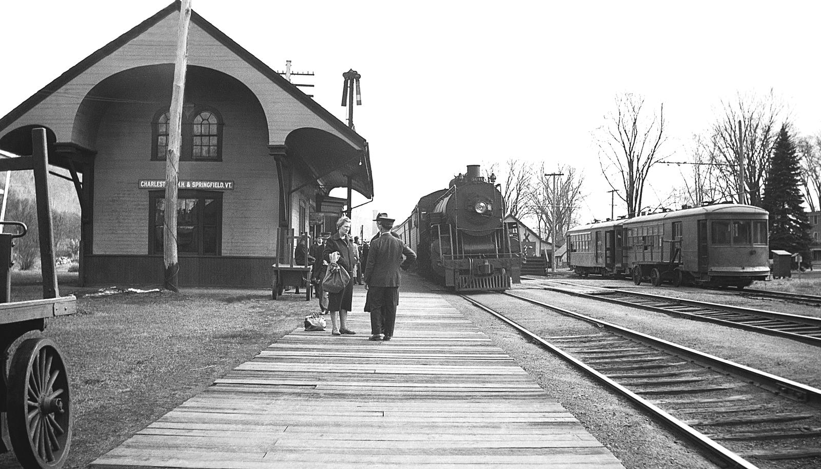 BM 4-6-2 #3646 North at Charlestown, NH with ST Trolley. Date? (8x14) BM 4-6-2 #3646 North at Charlestown, NH with ST Trolley. Date? (8x14)