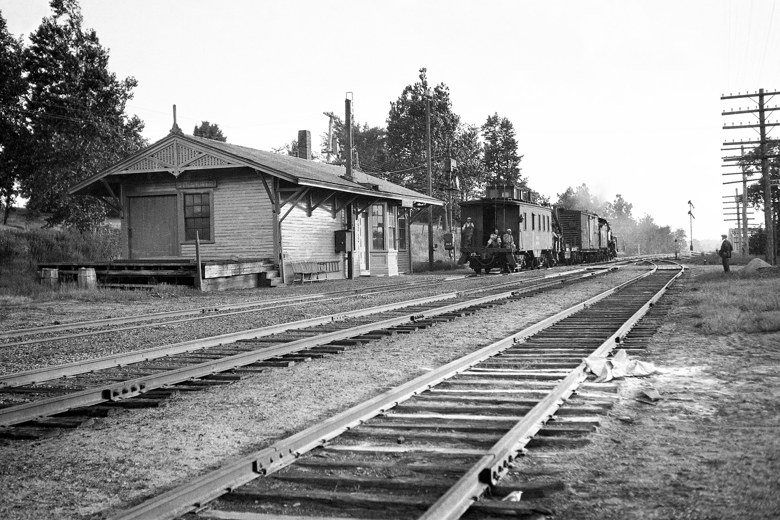 Boston & Maine Railroad depot at Still River, MA. Date & Photographer are unknown. The train in the photo with the three crew members sitting on the back of the buggy are headed towards Worcester, MA. Boston & Maine Railroad depot at Still River, MA. Date & Photographer are unknown. The train in the photo with the three crew members sitting on the back of the buggy are headed towards Worcester, MA.