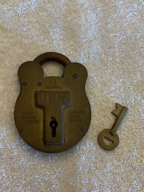 ANTIQUE BELL & SONS USN BRASS PADLOCK & KEY-img-0