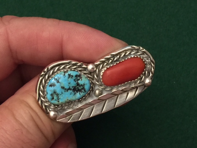 Sterling Silver Navajo Turquoise & Coral Ring-img-0